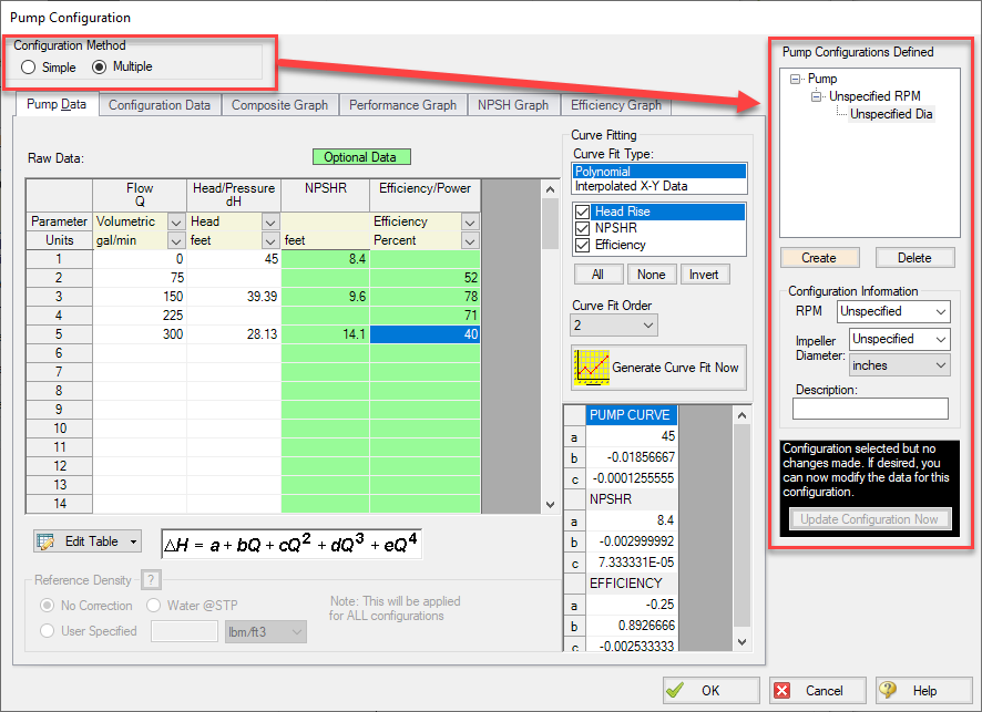 Pump Configuration window Multiple selected for the Configuration Method.